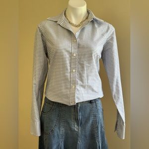 Lands End White Blue & gray Striped Button Down Collard Long Sleeves Blouse SZ M